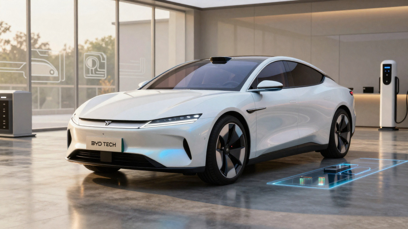 Carro elétrico branco moderno estacionado em ambiente interno com recarga sem fio no chão.