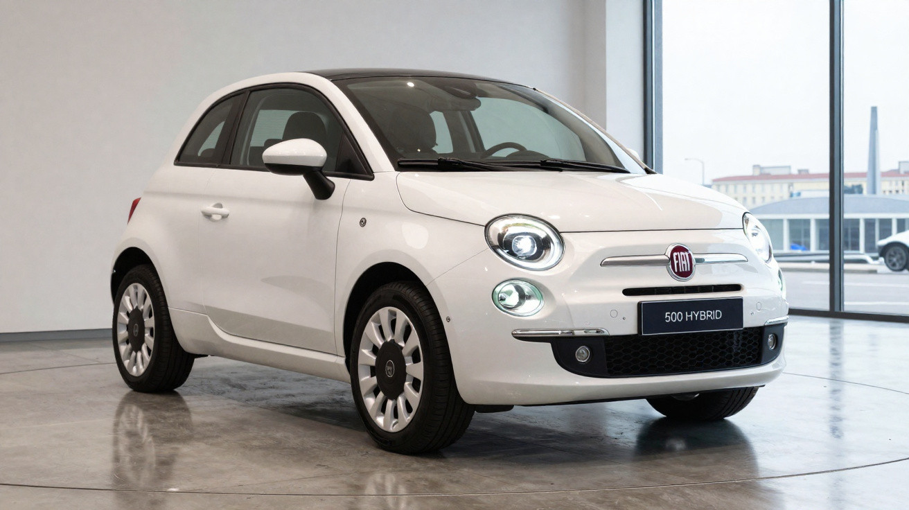 Carro branco Fiat 500 Hybrid estacionado em ambiente interno com piso refletivo e janela grande ao fundo.