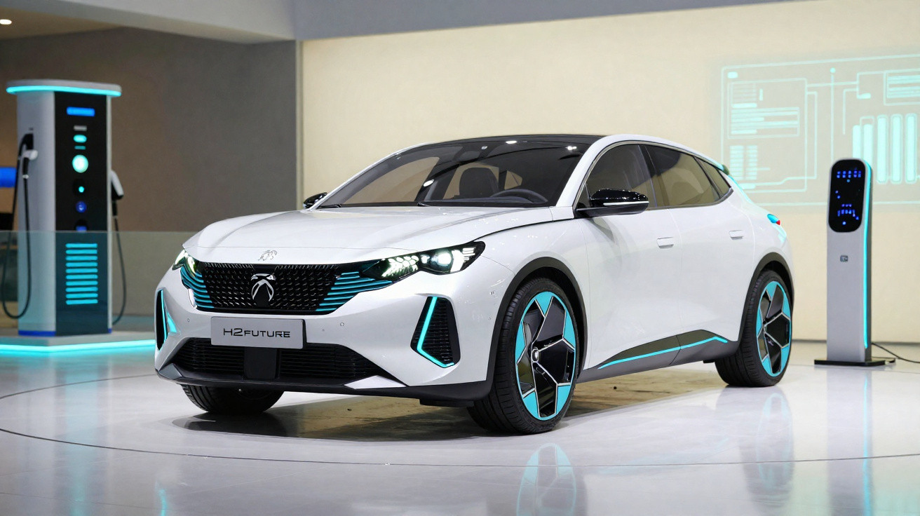 Carro elétrico branco futurista modelo H2 Future exposto em ambiente moderno com estações de recarga.