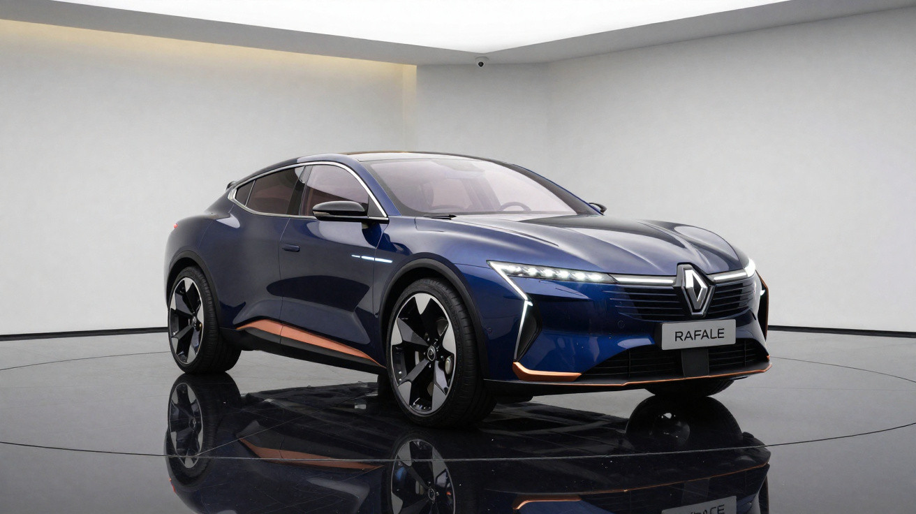 Carro elétrico Renault Rafale azul em exposição com iluminação suave e piso refletivo.