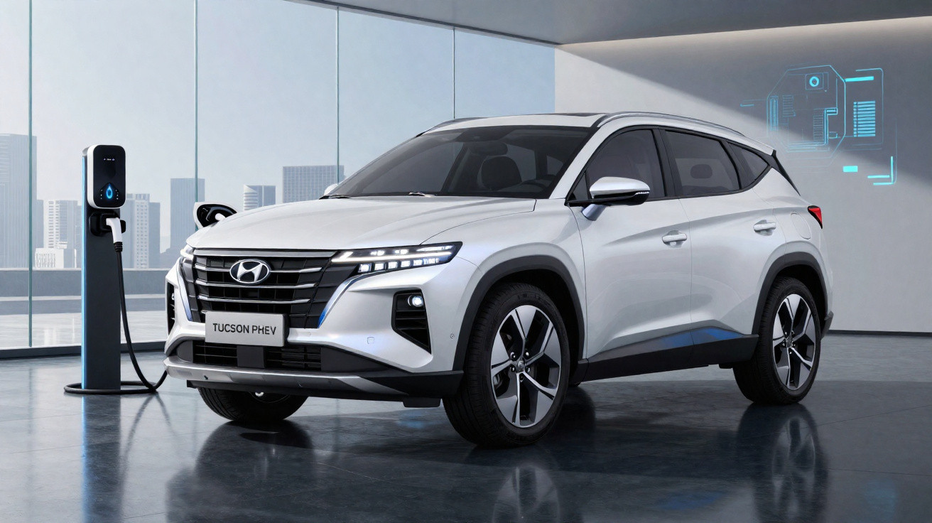 Carro SUV branco Hyundai Tucson PHEV estacionado em área interna conectado a estação de recarga elétrica.