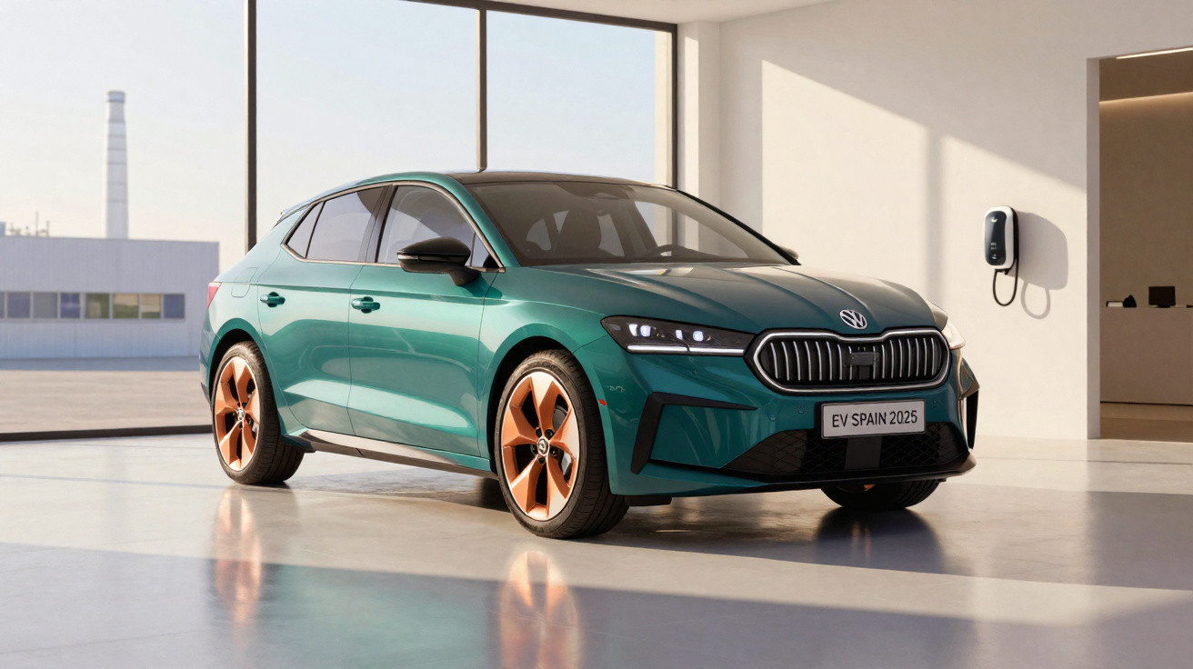 Carro elétrico verde metálico estacionado em garagem moderna com carregador na parede.