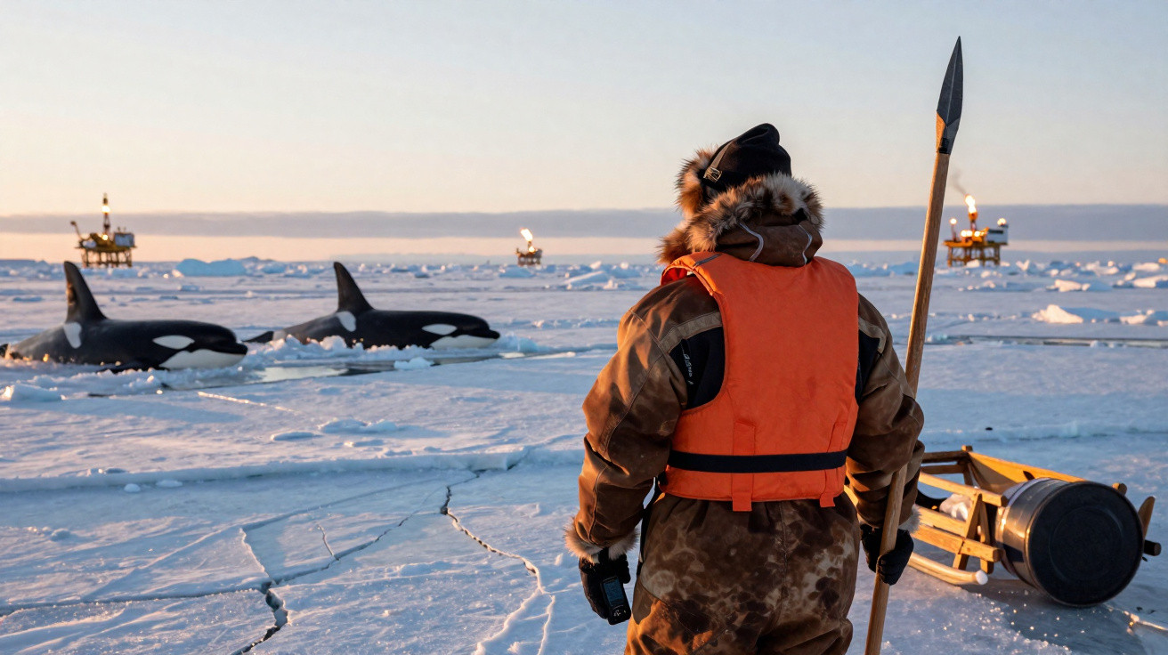 Pessoa com roupa de frio e colete laranja observa três orcas próximas no gelo ártico ao entardecer.