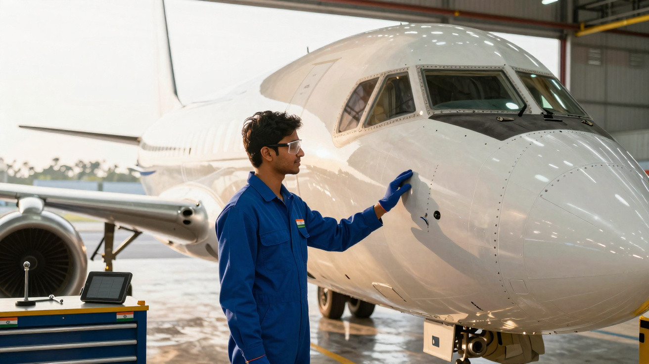 Homem com macacão azul e óculos de proteção inspeciona a parte frontal de um avião em hangar.