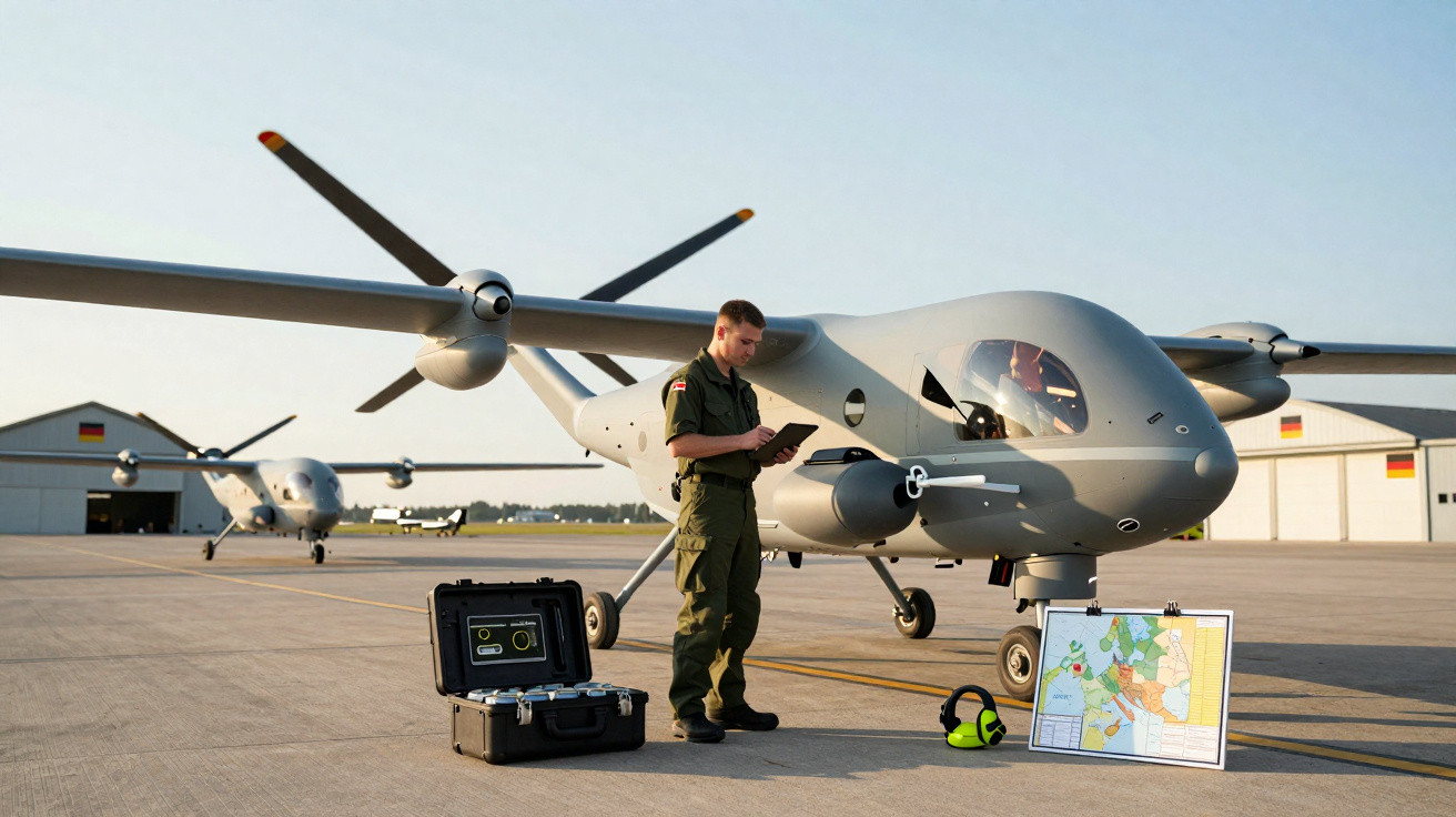 Militar em uniforme verifica tablet ao lado de drone cinza em pista, com mapas e equipamentos no chão.