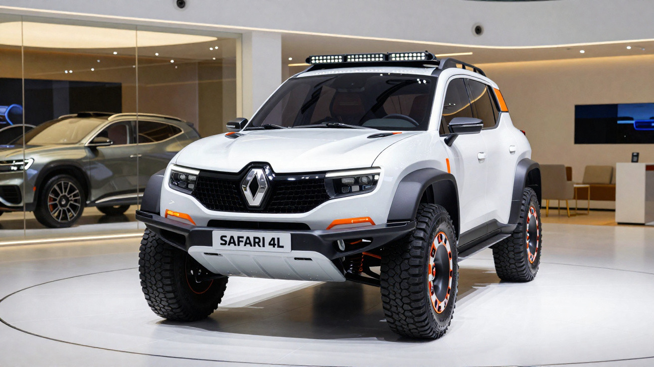 Carro SUV branco Renault Safari 4L em exposição, com pneus robustos e acessórios off-road.