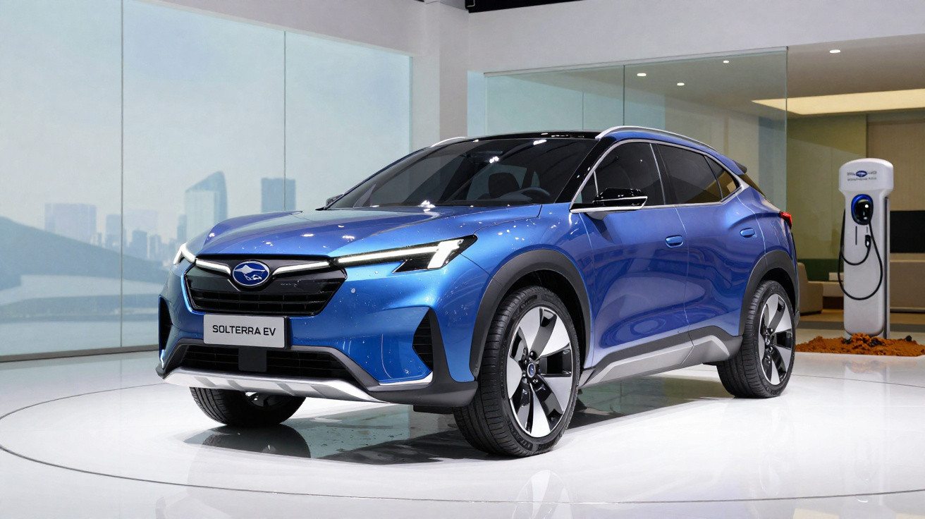 Carro elétrico Subaru Solterra EV azul exibido em ambiente interno futurista com estação de recarga ao fundo.