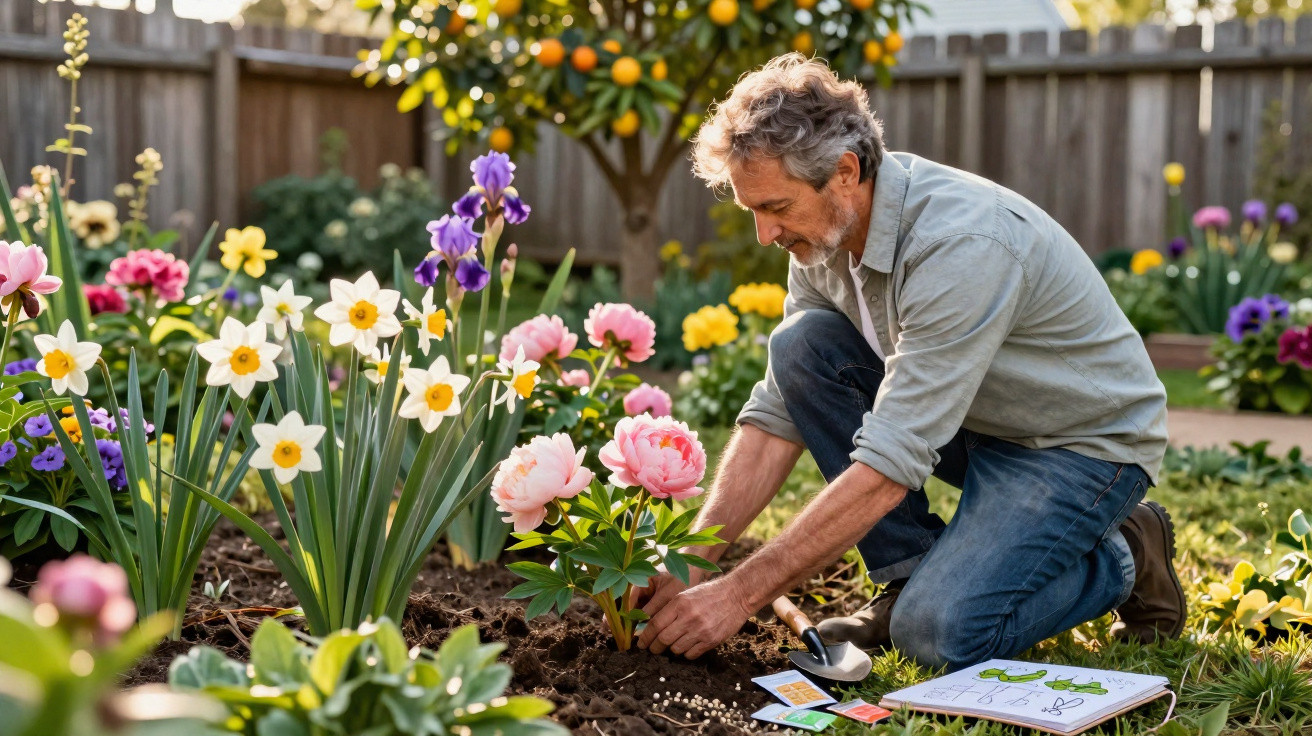 Homem plantando flores coloridas em jardim ao ar livre durante dia ensolarado.