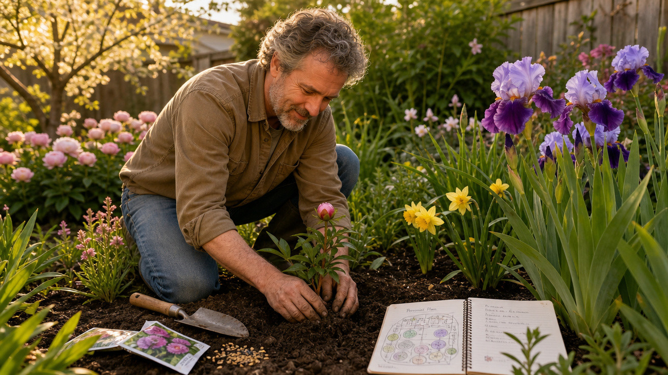 Homem plantando flor em jardim florido com caderno de anotações aberto ao lado.