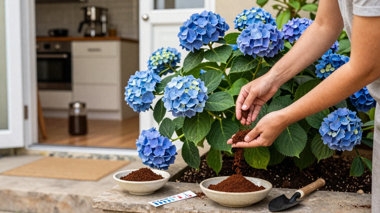 Pessoa adicionando fertilizante em vasos ao lado de hortênsias azuis em um jardim próximo à cozinha.