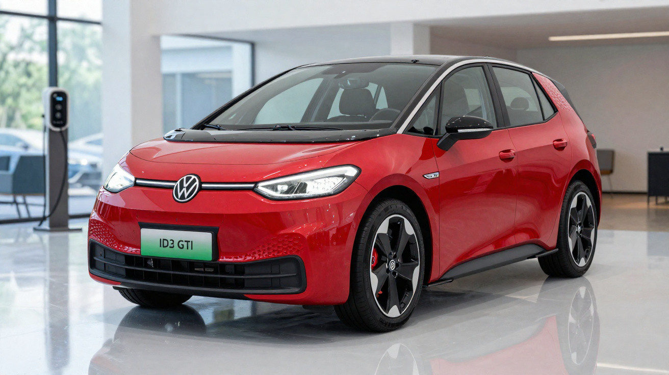 Carro elétrico vermelho Volkswagen ID3 GTI estacionado em showroom iluminado e moderno.