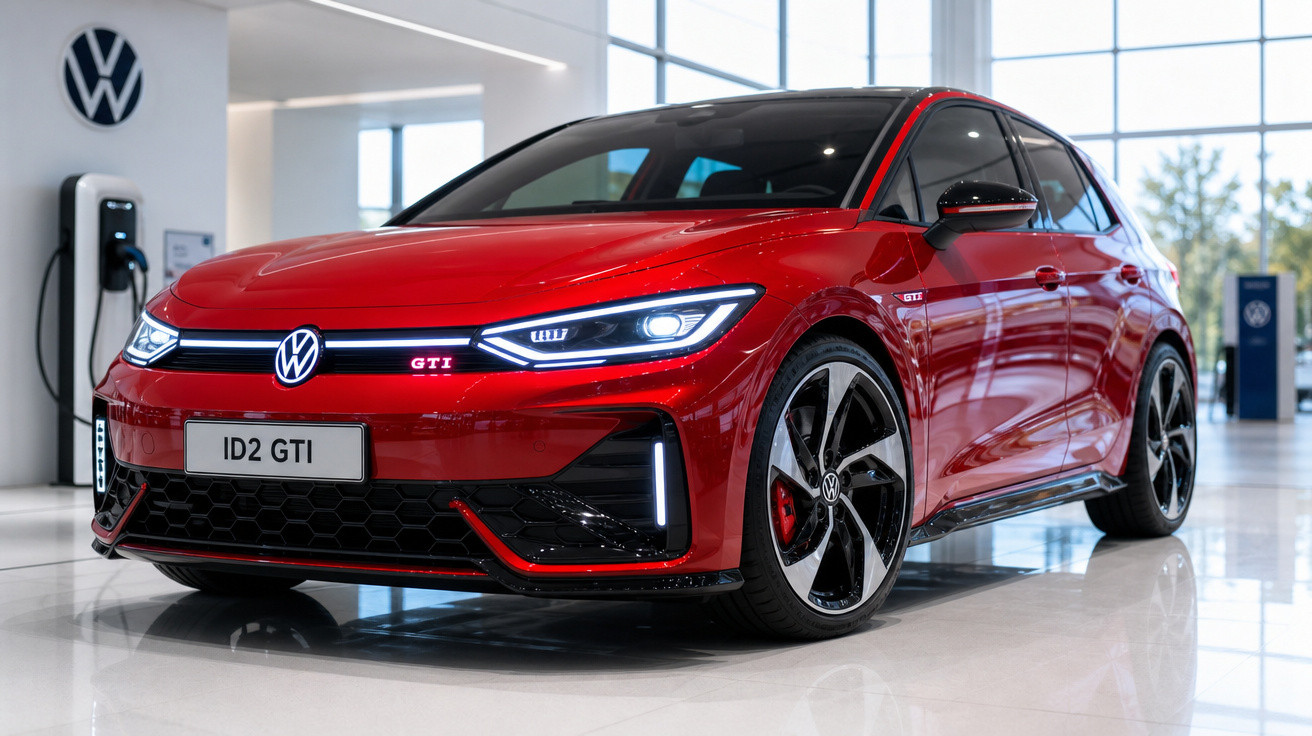 Carro elétrico Volkswagen ID2 GTI vermelho em showroom com carregador ao fundo.