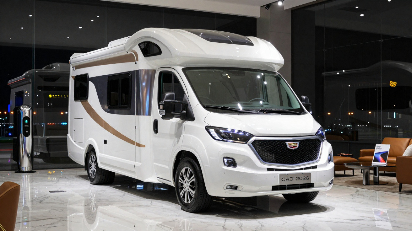 Veículo motorhome branco com detalhes marrons em ambiente interno moderno com poltronas ao fundo.