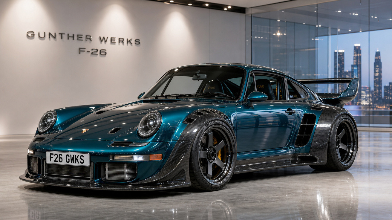 Carro esportivo Gunther Werks F-26 azul metálico com detalhes em fibra de carbono em showroom moderno.