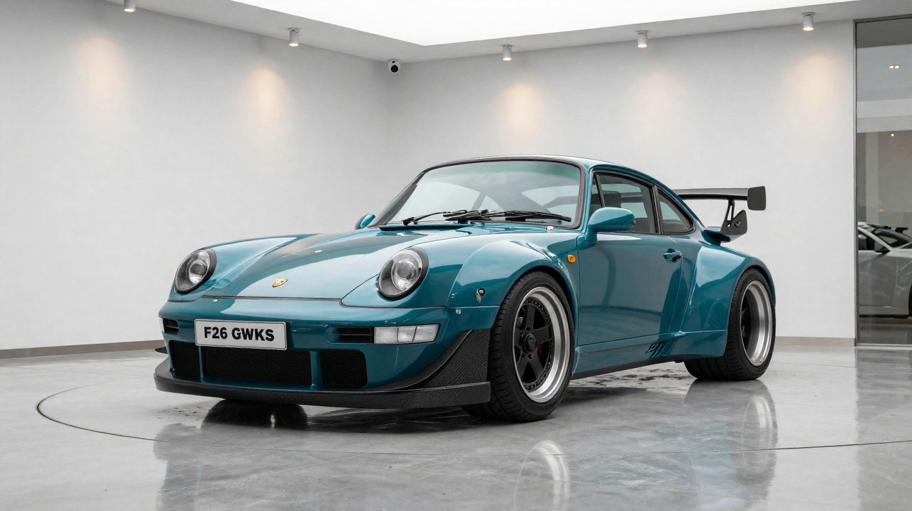 Carro esportivo Porsche clássico azul estacionado em piso brilhante dentro de showroom moderno e iluminado.