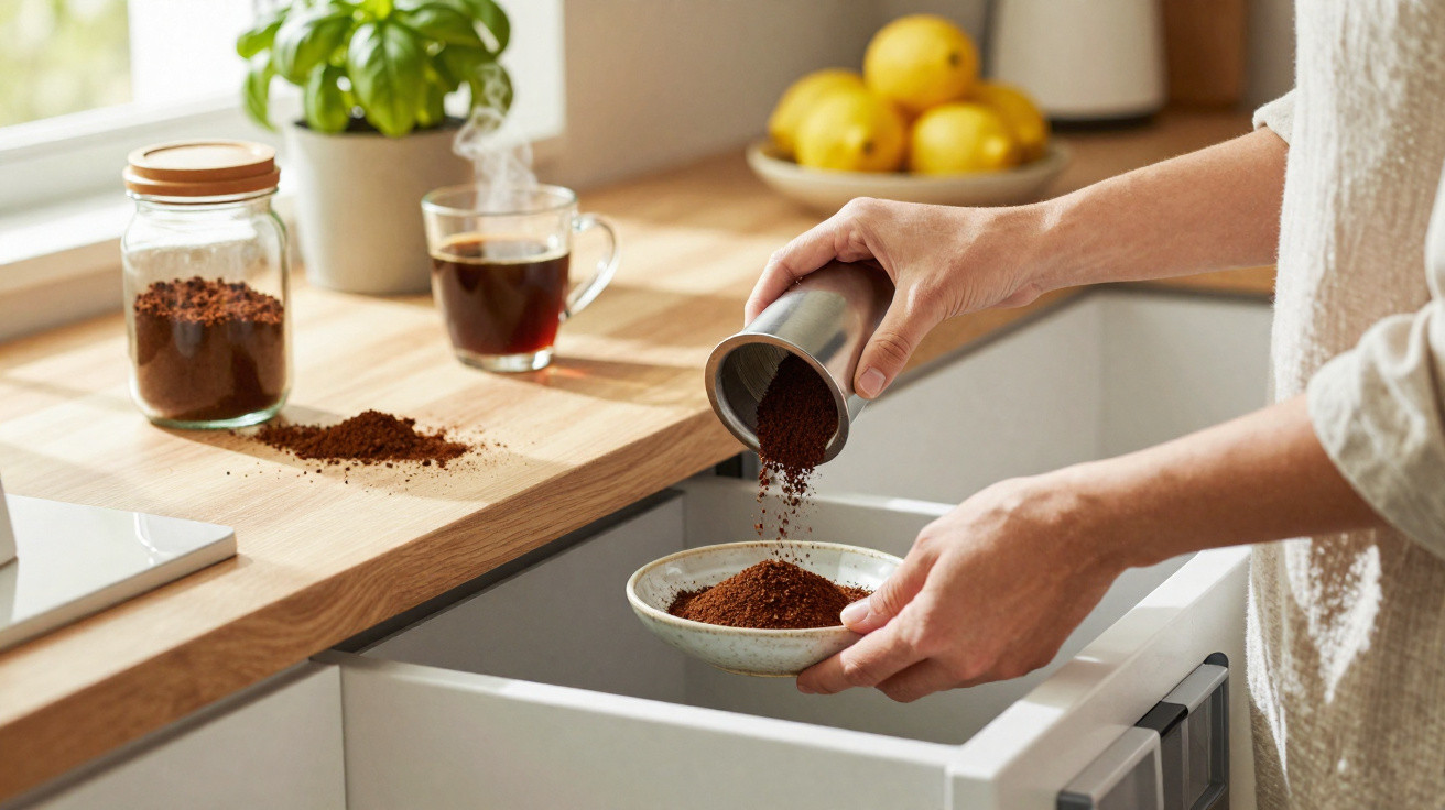 Pessoa despejando pó de café em tigela na cozinha com xícara de café, vidro de pó e limões ao fundo.