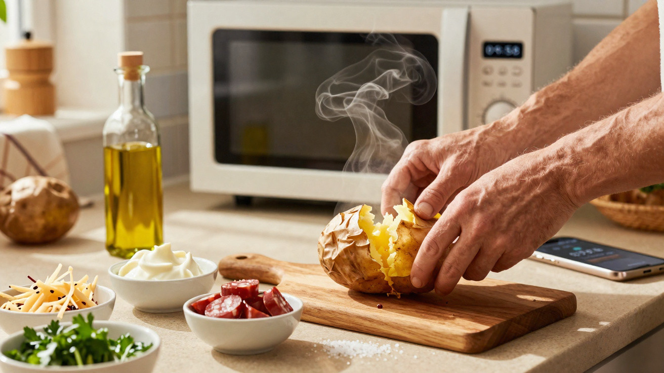 Mãos abrindo batata quente com vapor, cercada por ingredientes e micro-ondas na cozinha.