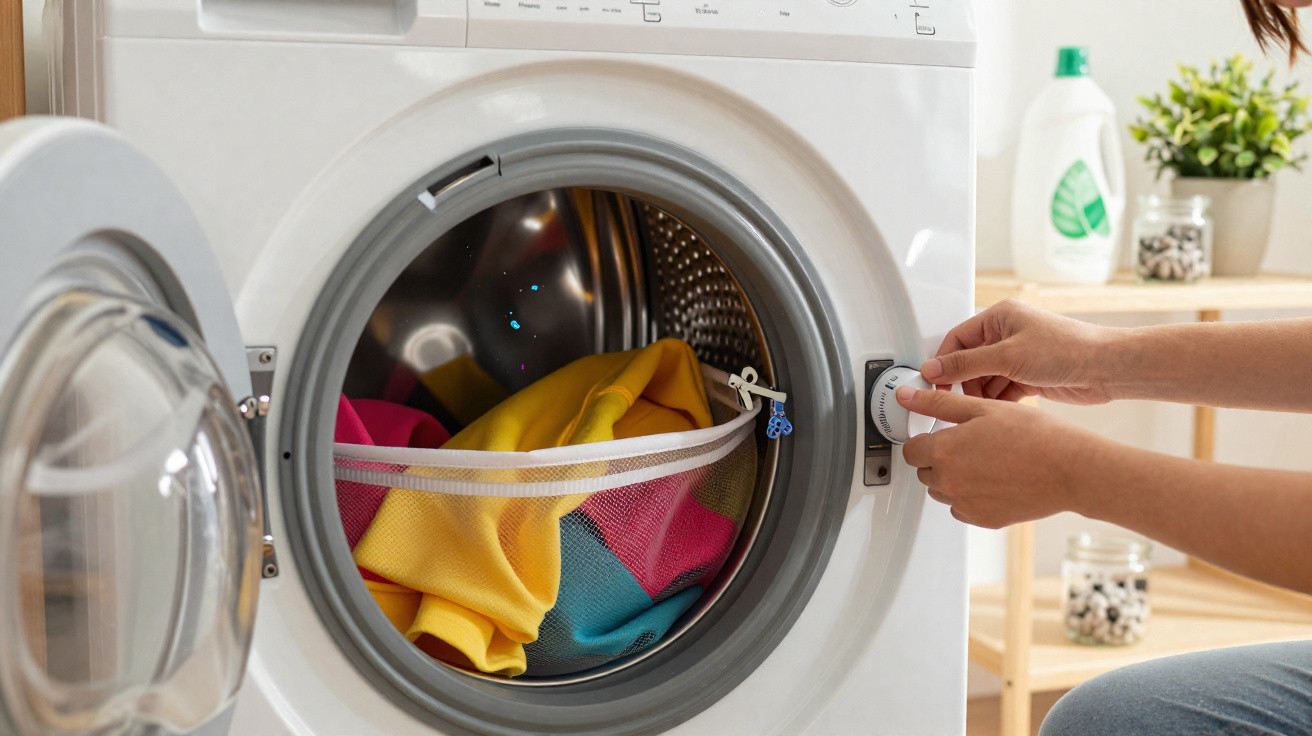 Mãos ajustando botão da máquina de lavar roupa com sacola de roupas coloridas dentro do tambor branco.