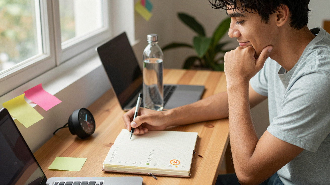 Jovem sentado à mesa, escrevendo em caderno com laptops, garrafa de água e post-its ao redor.