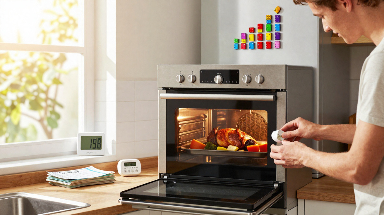 Homem ajusta forno elétrico onde assa um frango com legumes em cozinha iluminada.
