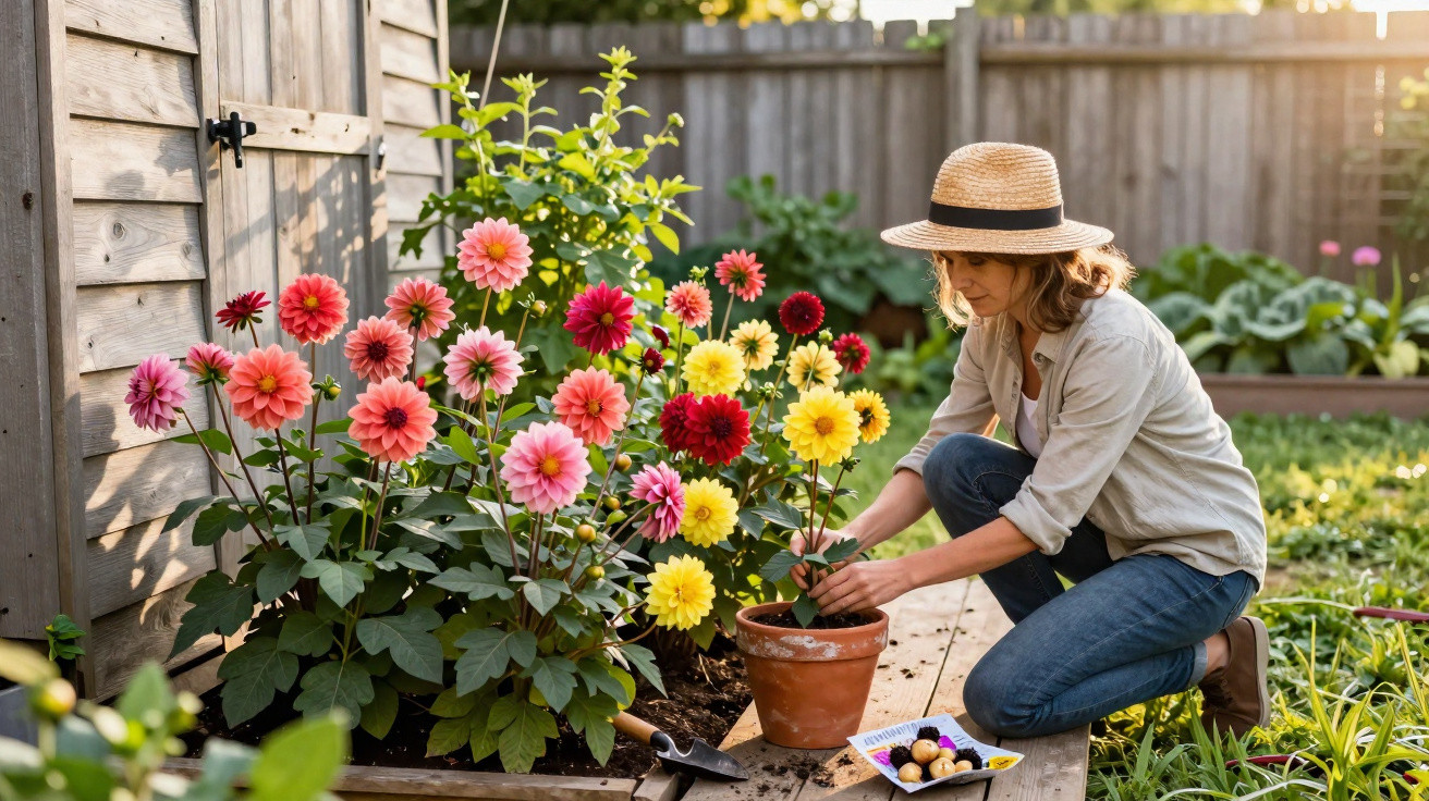 Mulher de chapéu cuidando de flores coloridas em jardim ao ar livre ao entardecer.
