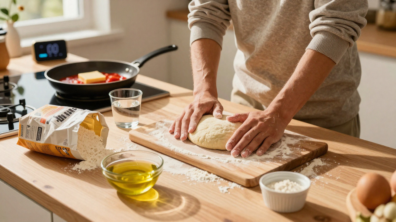 Pessoa amassando massa de pão em bancada com ingredientes e frigideira ao fundo.