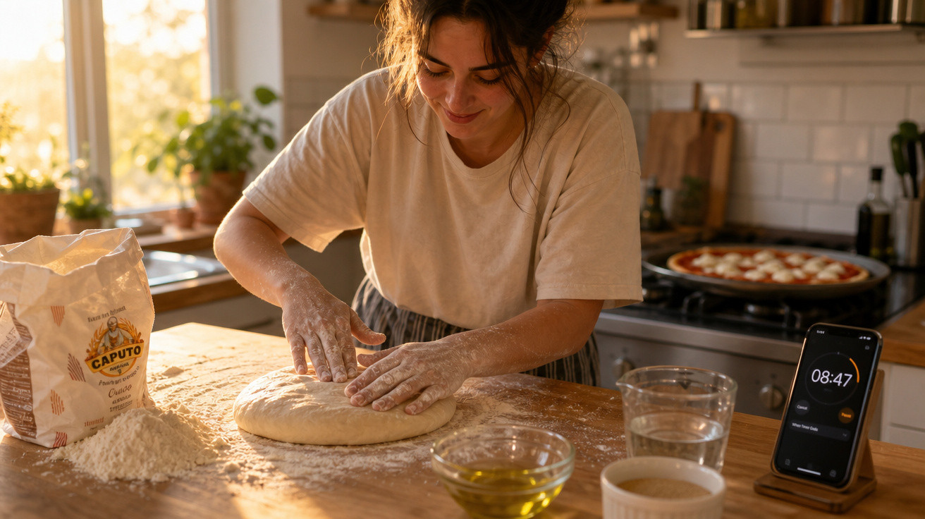 Mulher amassando massa de pizza em cozinha iluminada, com ingredientes e celular com timer na mesa.