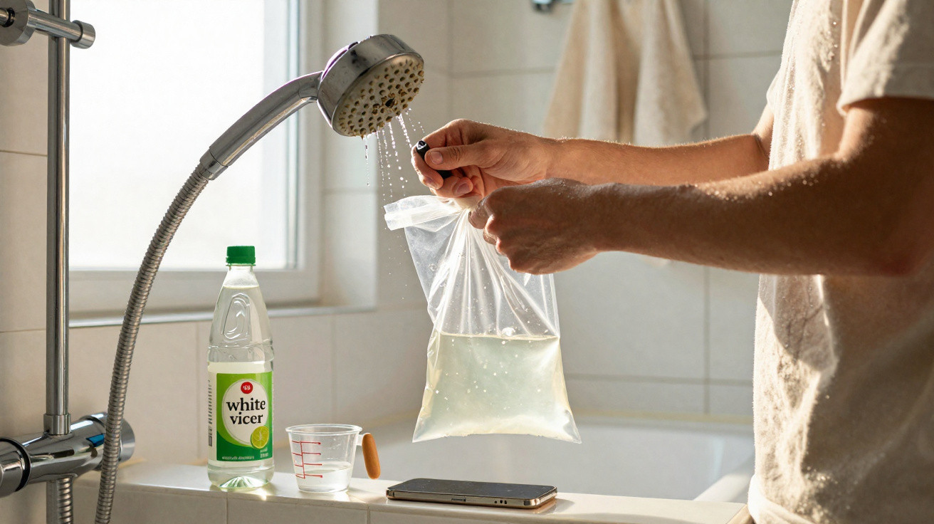 Pessoa usando chuveiro para despejar água em saco plástico transparente em banheiro com vinagre branco ao lado.