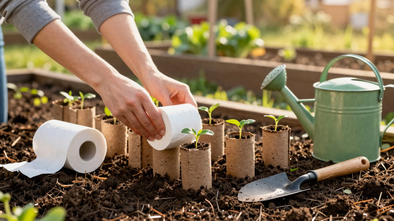 Mãos cuidando de mudas em pequenos vasos feitos de papel higiênico no jardim com regador e pá ao lado.