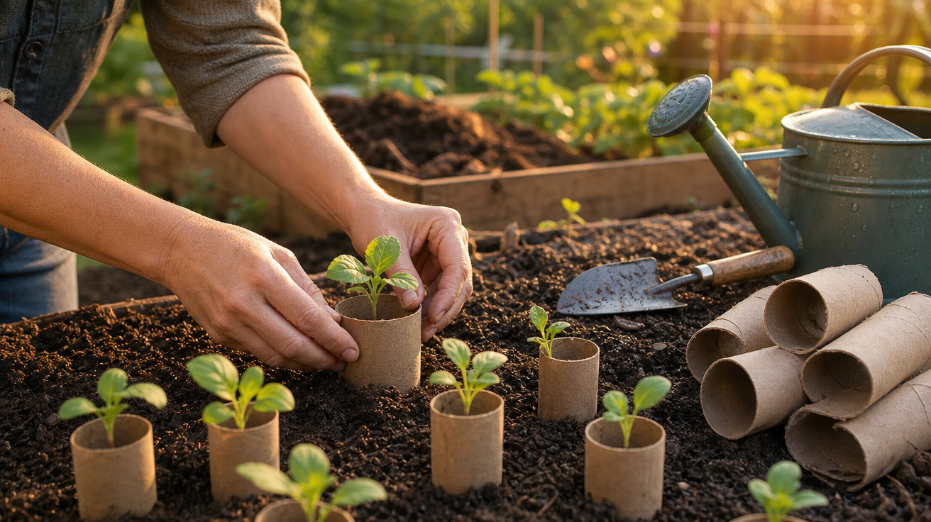 Mãos plantando mudas em vasinhos biodegradáveis no solo de um jardim com regador e pá ao fundo.