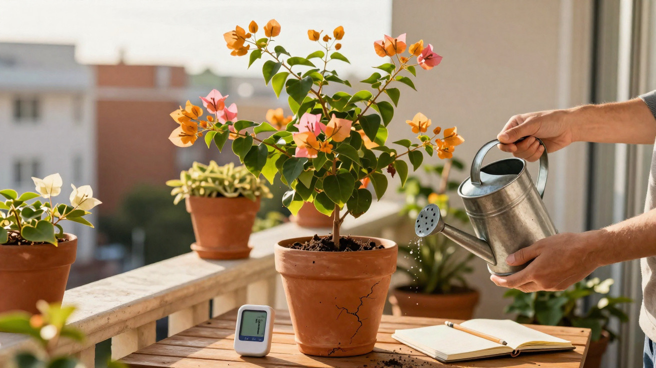 Pessoa regando plantas em vaso de barro em varanda ensolarada, com medidor de umidade e caderno na mesa.