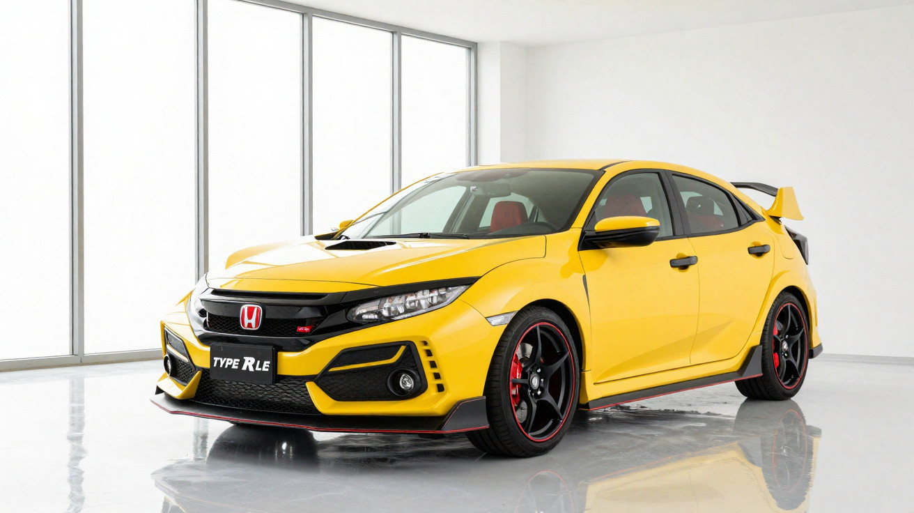 Carro esportivo Honda Civic Type R amarelo, detalhes pretos e rodas pretas com detalhes vermelhos em estúdio branco.
