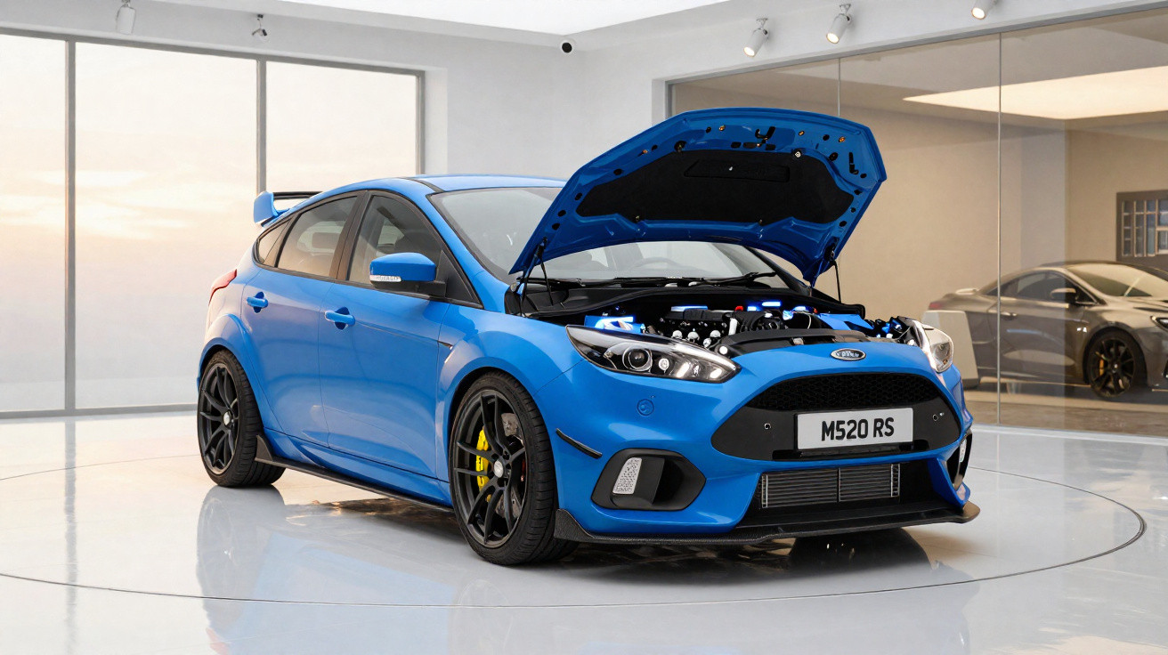 Carro esportivo azul com capô aberto em salão moderno com piso branco e vidros grandes.