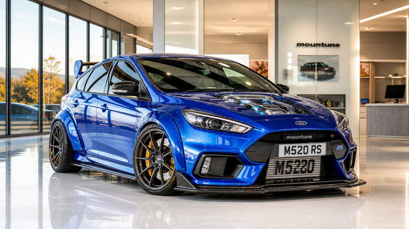Carro esportivo azul Ford RS M520 modificado, exibido em showroom com piso branco brilhante.
