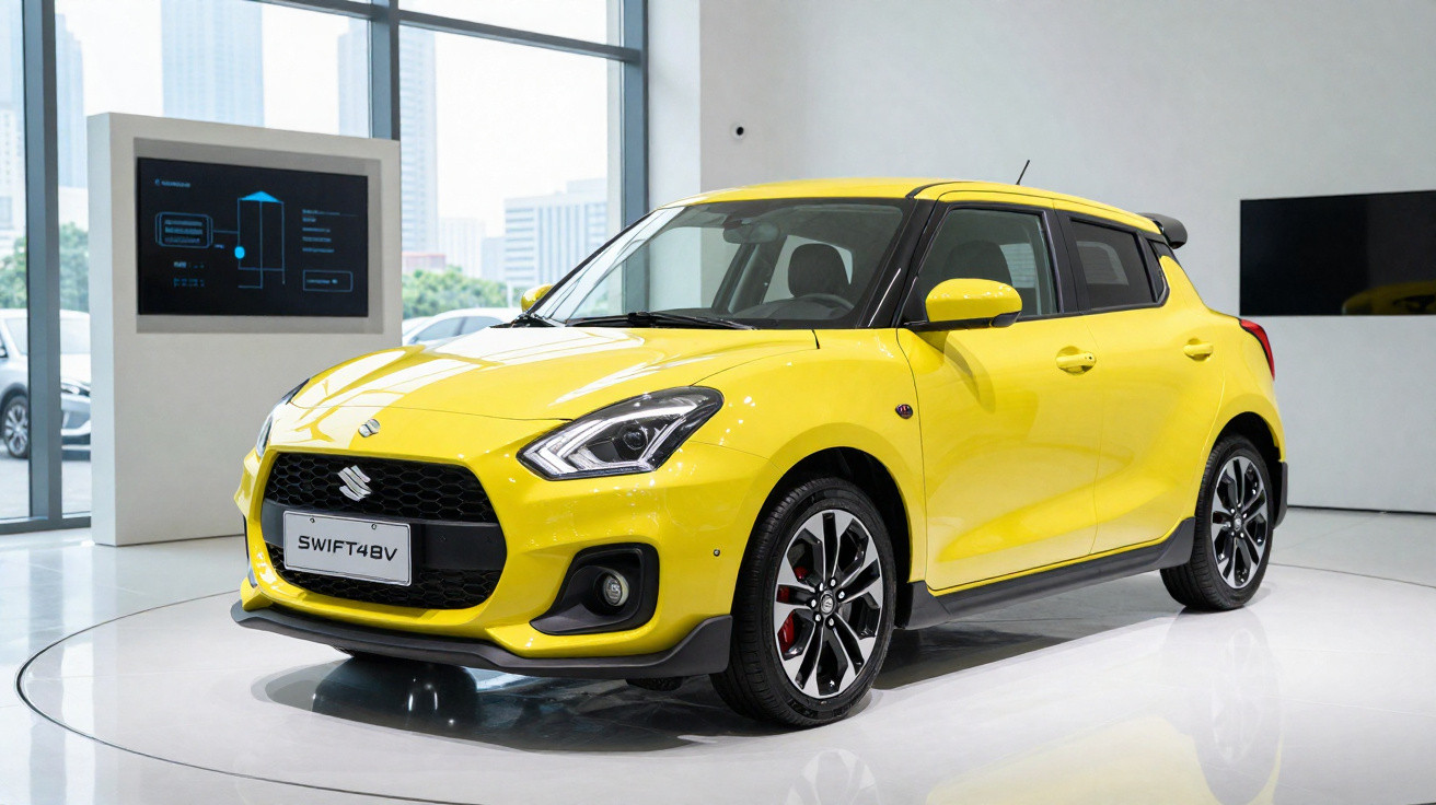 Carro compacto amarelo Suzuki Swift 4xBV exibido em showroom moderno com grandes janelas.