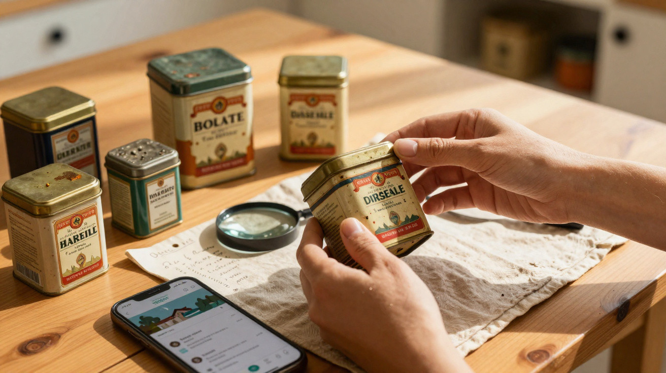 Mãos segurando lata de especiaria vintage em mesa com mais latas, lupa, celular e papel escrito.