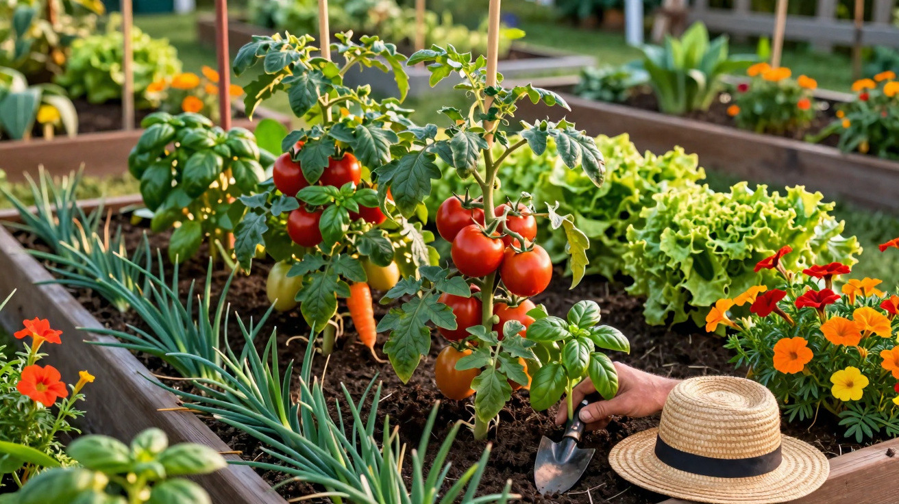 Horta com pés de tomate, alface, cebolinha, cenoura, flores e uma mão plantando na terra.