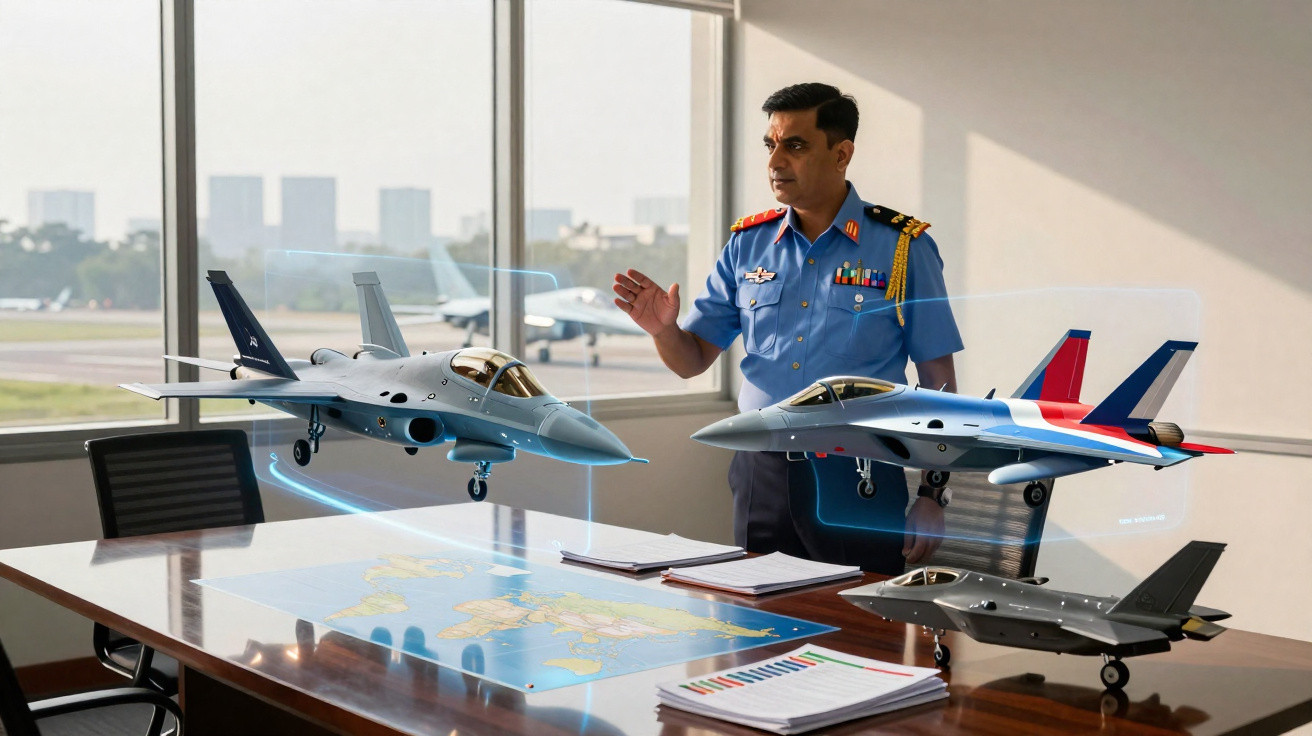 Homem fardado observa modelos holográficos de aviões de combate em sala com mesa e janelas grandes.
