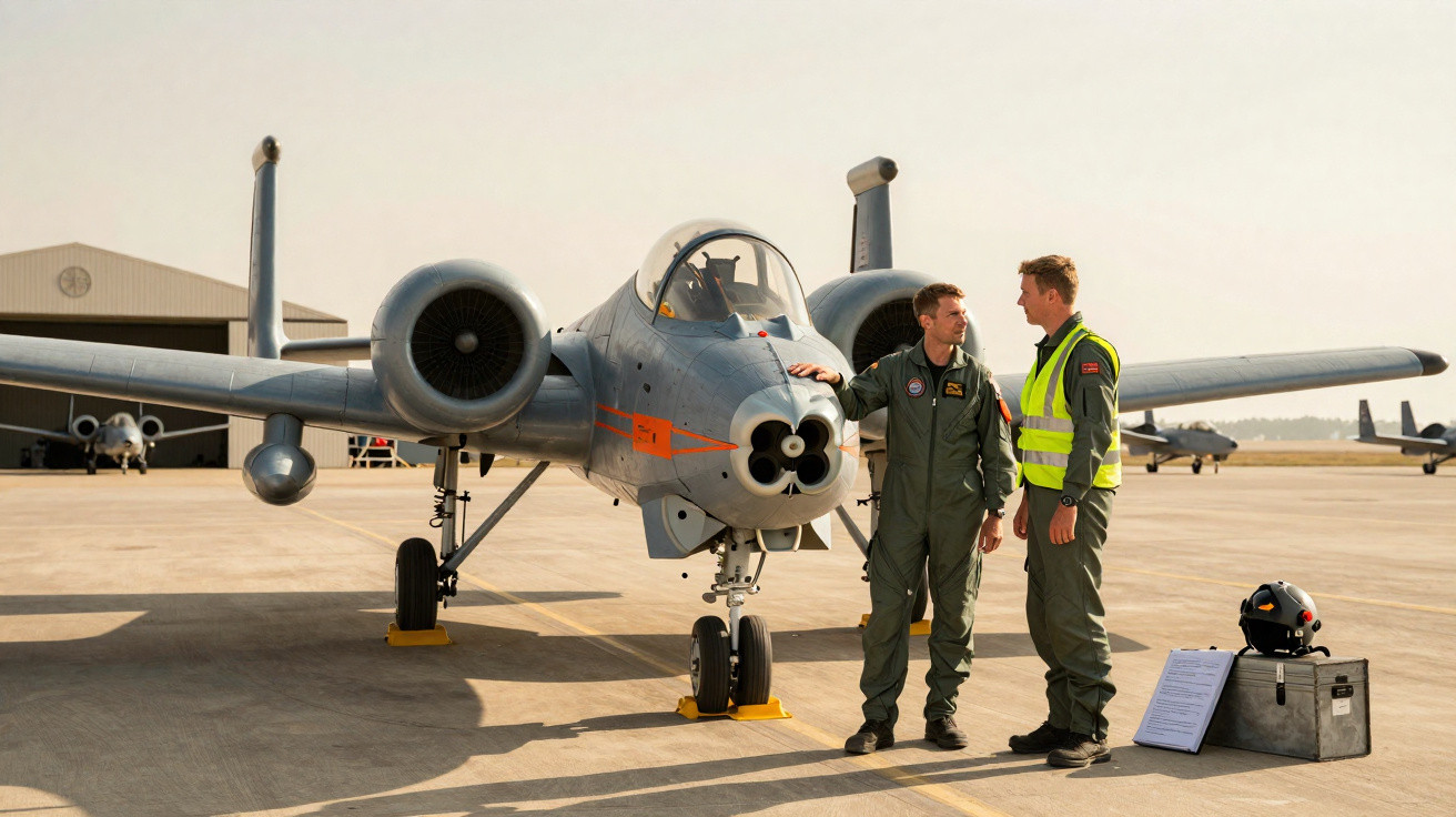 Dois pilotos em uniforme próximo a um avião militar estacionado em pista de aeroporto.