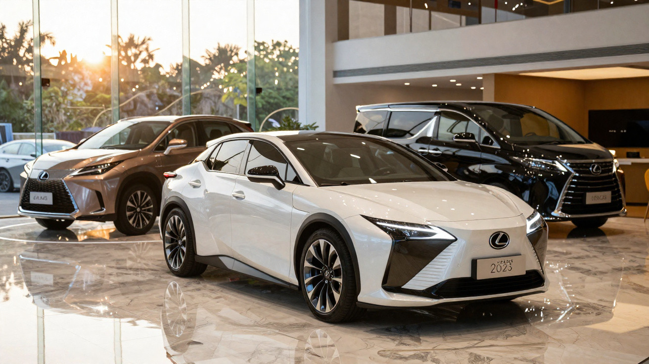 Interior de loja com três carros Lexus novos em exposição sobre piso de mármore refletivo.