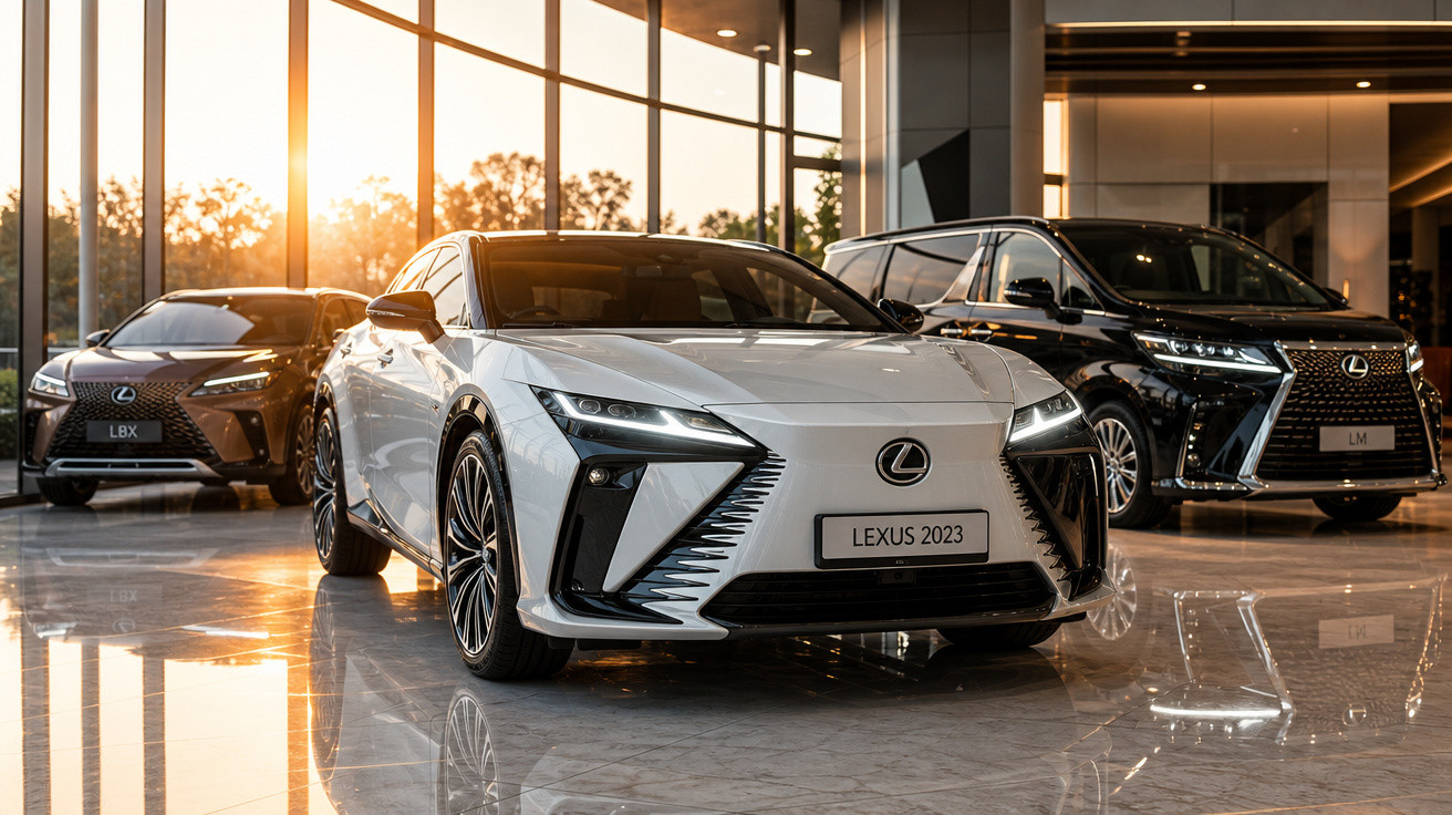 Carros Lexus 2023 expostos em showroom moderno com luz natural ao entardecer.