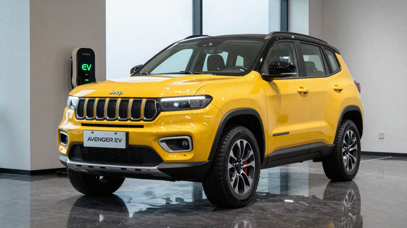 SUV Jeep Avenger EV amarelo estacionado em showroom elegante com carregador elétrico na parede.