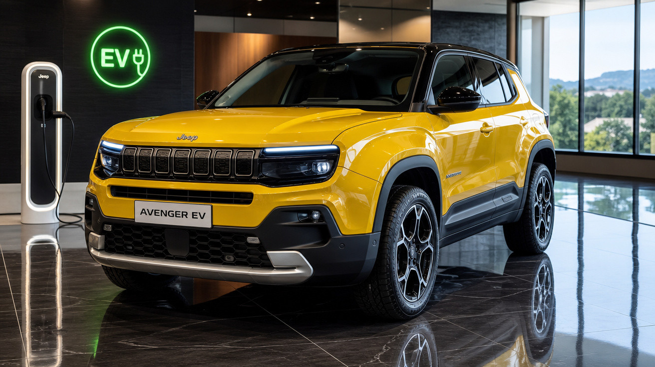 Carro elétrico Jeep Avenger EV amarelo em exposição interna próximo a estação de carregamento.