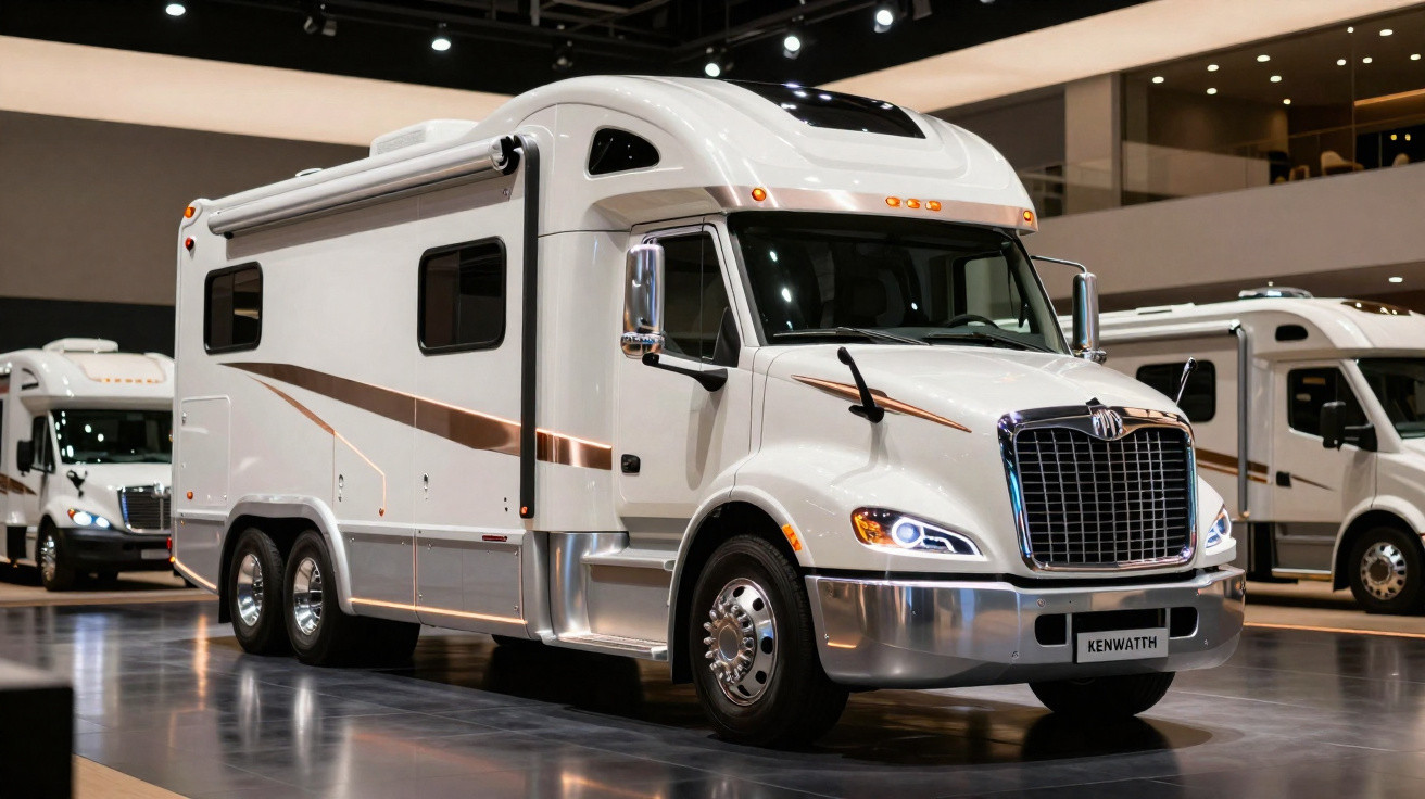 Veículo motorhome branco moderno exposto em salão com iluminação interna e outros motorhomes ao fundo.