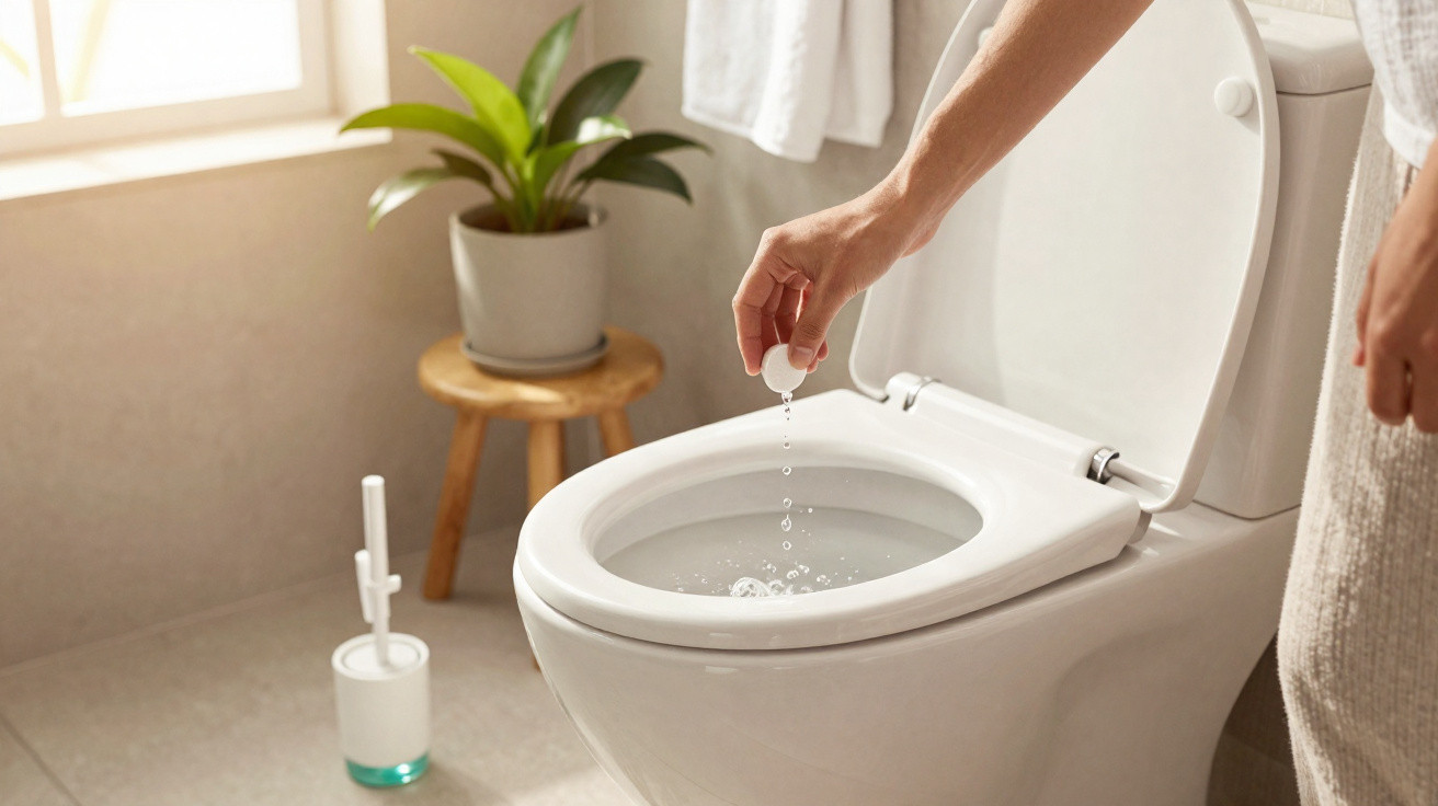 Pessoa colocando pastilha desinfetante no vaso sanitário branco em banheiro iluminado com planta ao fundo.