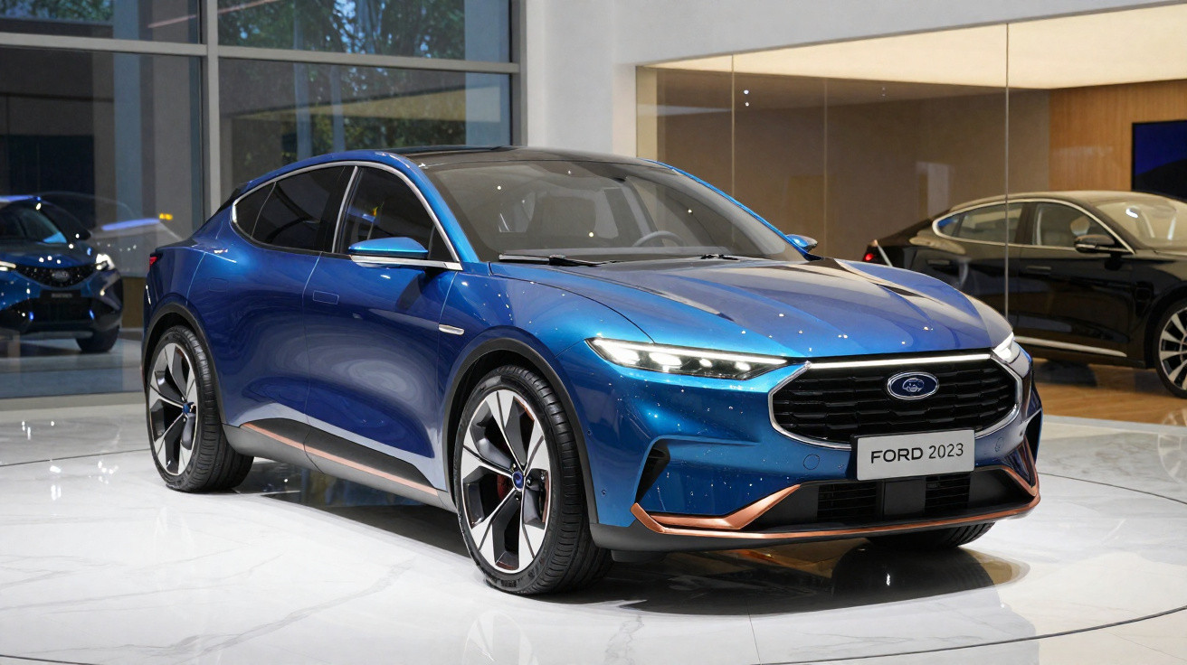 Carro elétrico Ford 2023 azul com detalhes em cobre exposto em showroom moderno.