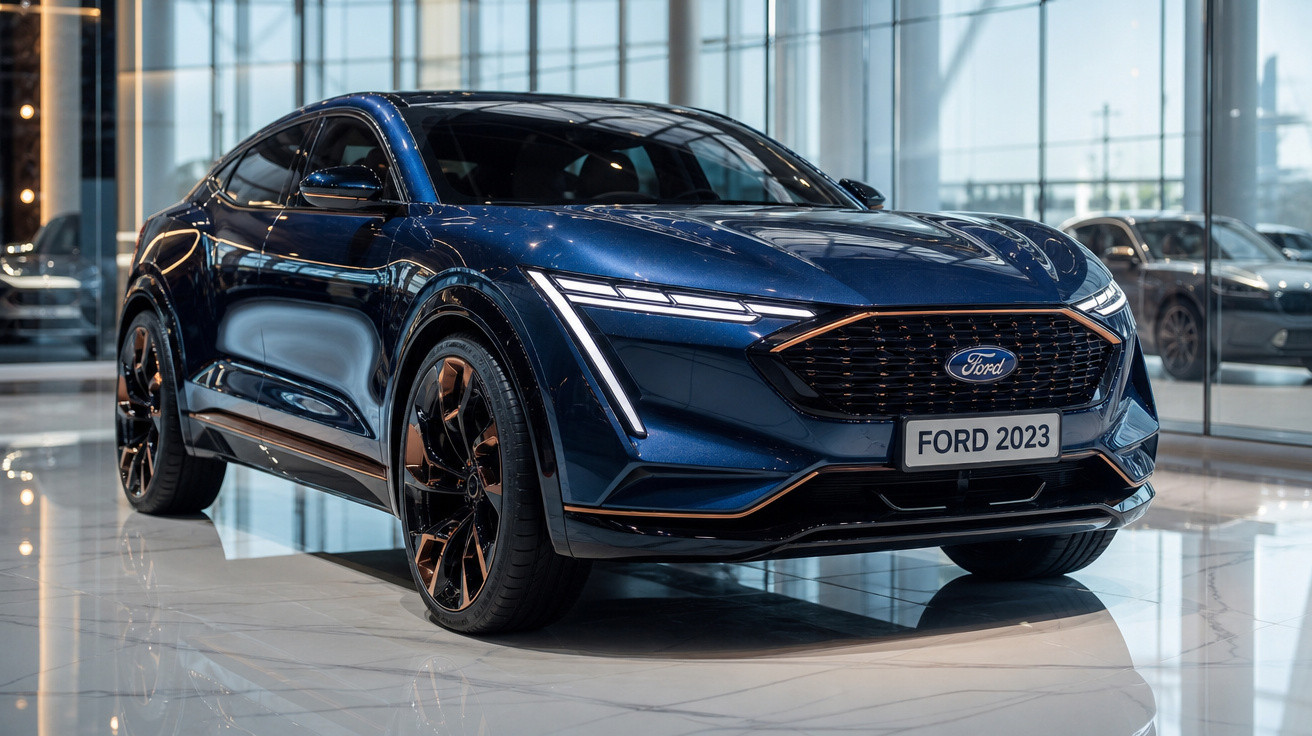 Carro Ford 2023 azul escuro em showroom com design moderno e rodas pretas com detalhes bronze.