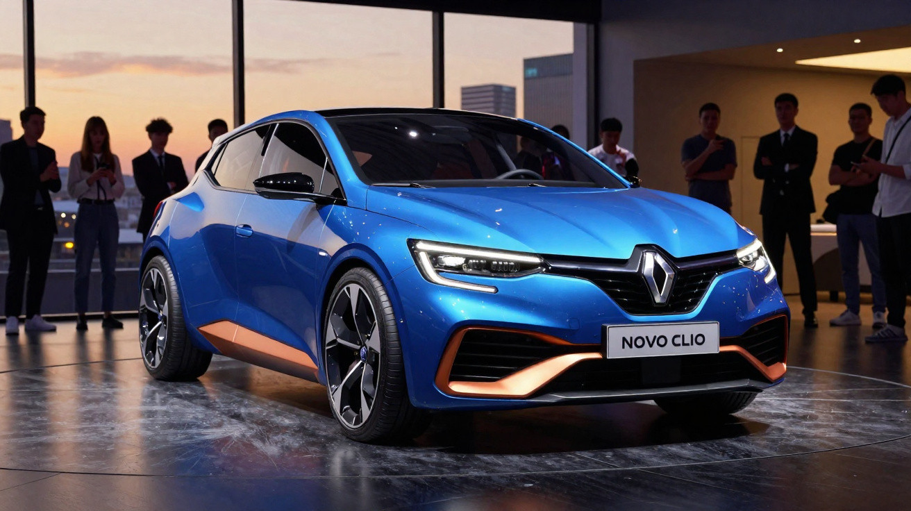 Carro Renault Novo Clio azul exibido em ambiente interno com pessoas ao fundo ao anoitecer.