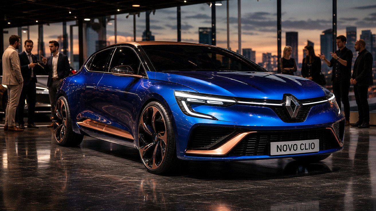 Carro azul Renault Novo Clio em showroom moderno com pessoas ao fundo ao pôr do sol.