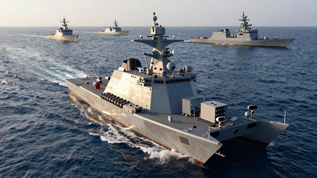 Formação de quatro navios de guerra modernos navegando em mar aberto durante o dia.